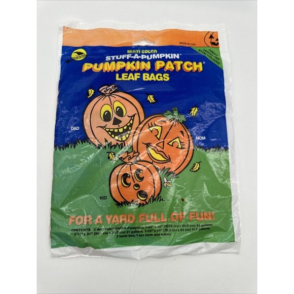 Vintage Sun Hill 1992 Halloween Pumpkin Patch Stuff-A-Pumpkin Leaf Bags Family - Picture 1 of 6